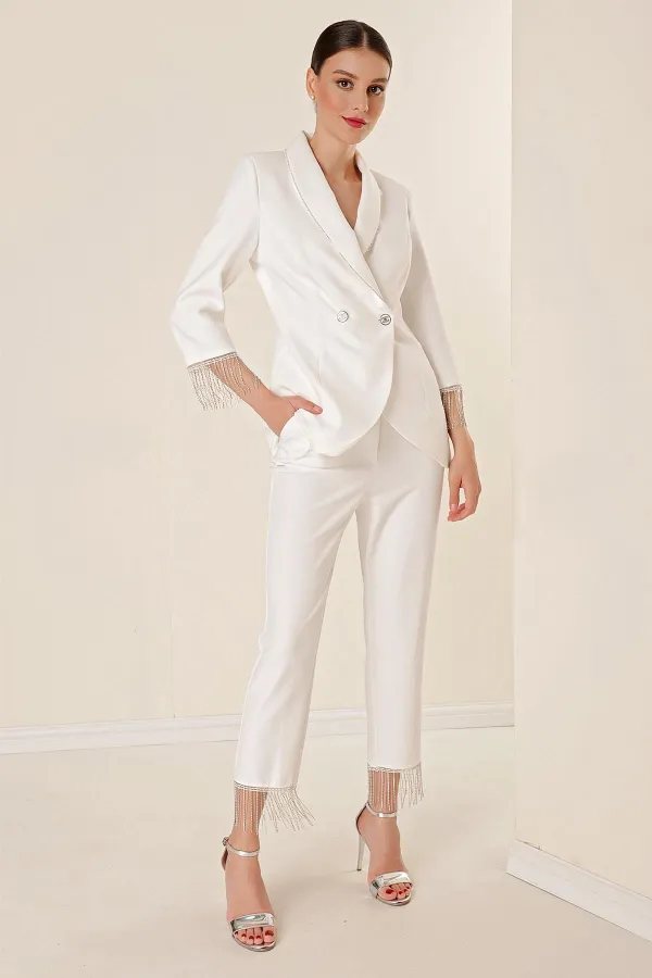 2-Piece Set of Lined Jacket and Pocket Trousers with Stone Chain Detail on Collar and Sleeves