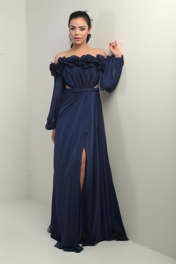 Women's Floral Madonna Neckline Belted Lined Chiffon Long Dress