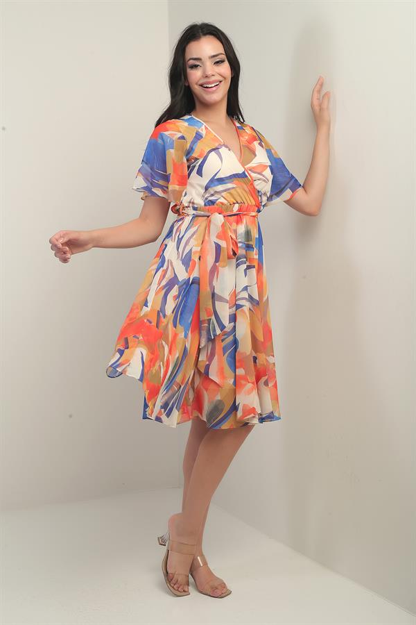 Women's Wrap Neckline Belted Lined Snowdrop Chiffon Dress