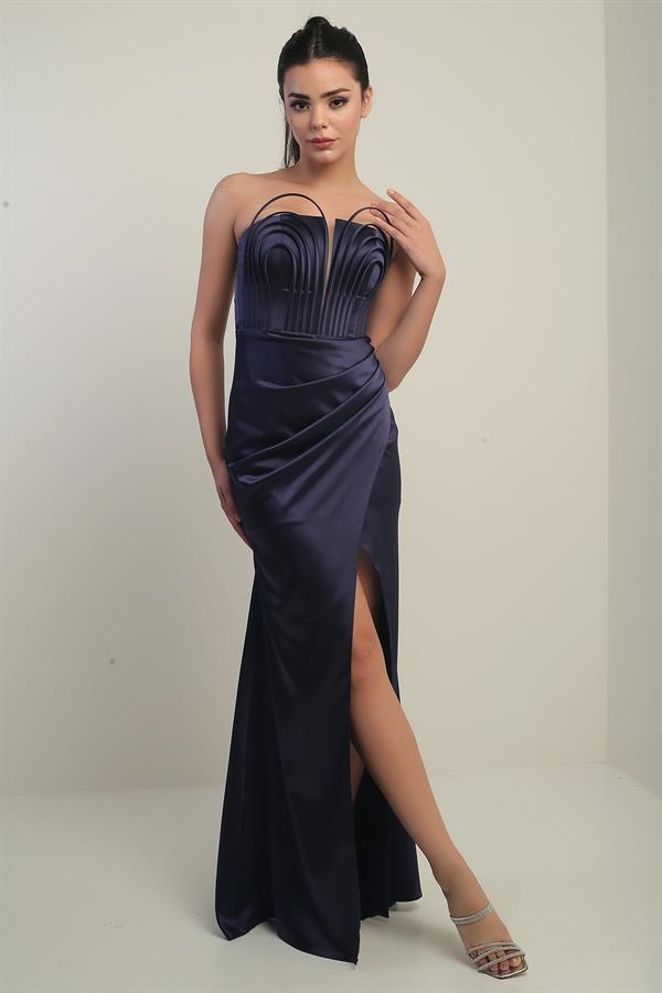 Women's Strapless Front Underwire Lined Satin Long Dress