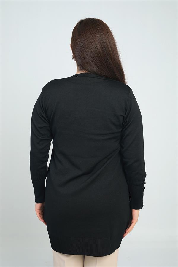 Kadın Kolları Düğme Detaylı Soğuk İplik Büyük Beden Uzun Hırka