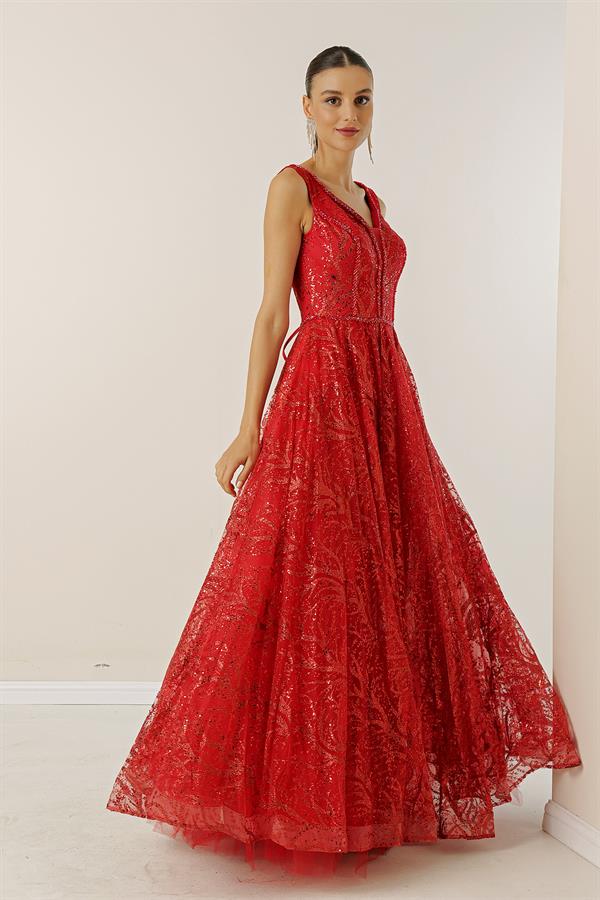 Ön Arka V Yaka Üstü Boncuk Detaylı Astarlı Arkası Bağcıklı Pullu Simli Uzun Elbise