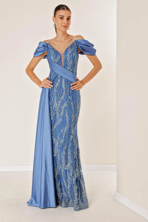 Chain Strap Front Back V Neck Low Sleeve Glittery Flock Printed Lined Long Fishtail Dress