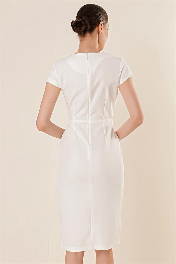 Kruvaze Yaka Yarım Ay Kollu Taş Detaylı Önü Yırtmaçlı Elbise