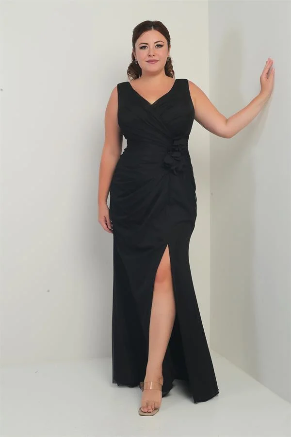 Kadın Ön Arka V Yaka Astarlı Önü Dapeli 3 Boyut Çiçekli Büyük Beden Tül Uzun Elbise