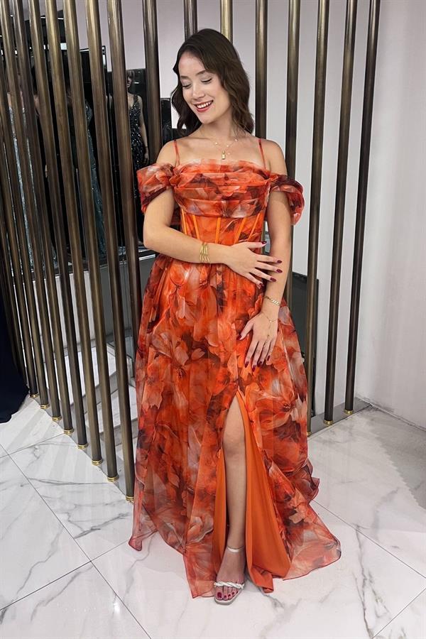 Kadın İnce Askılı Düşük Kollu Balenli Önü Drapeli astarlı Çiçekli Organze Uzun Elbise