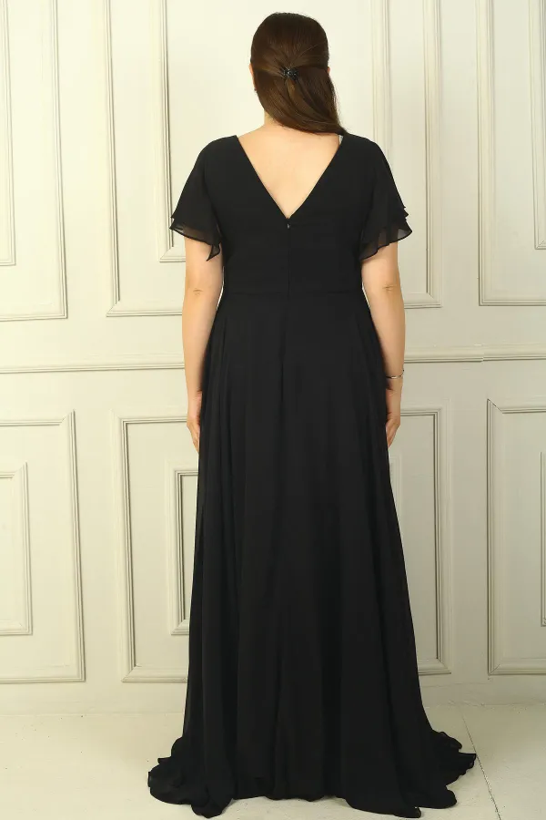 Women's Front Back V Neck Draped Beaded Embroidered Lined Plus Size Long Chiffon Dress