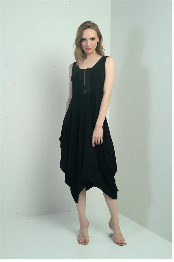 Women's Zip-Up Sleeveless Harem Dress with Pockets