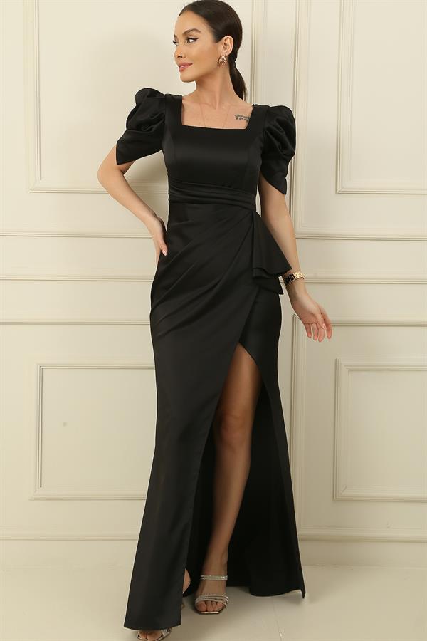 Square Neck, Puff Sleeve, Draped Front Satin Long Pencil Dress
