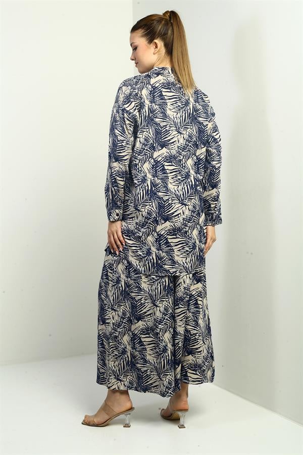 Women's Side Slit Tunic Shirt, Elastic Waist Pocketed Palazzo Pants, Leaf Pattern Oversize 2-Piece Set