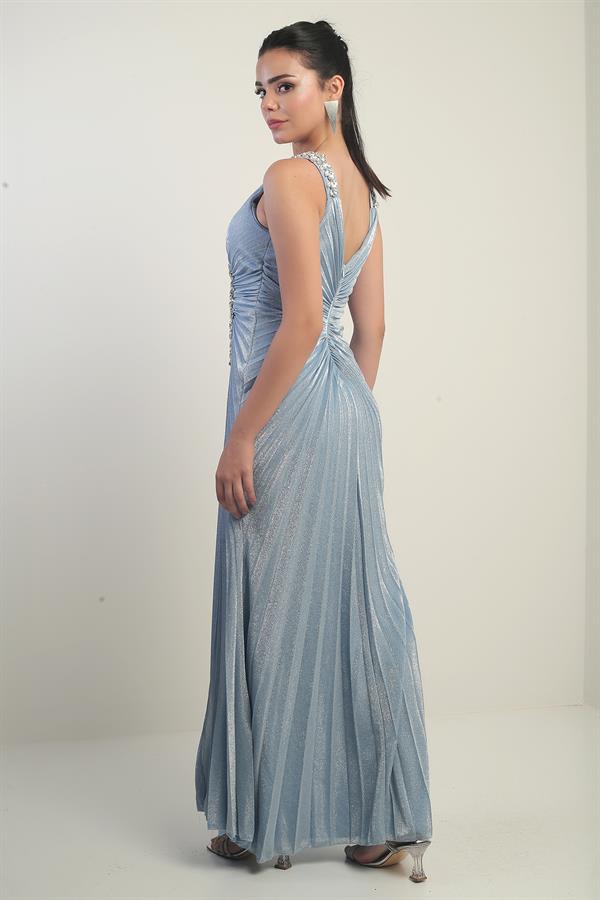 Kadın Kruvaze Yaka Omuzu Kalın Taş Detaylı Önü Taşlı Büzgülü Yırtmaçlı Uzun Abiye Elbise