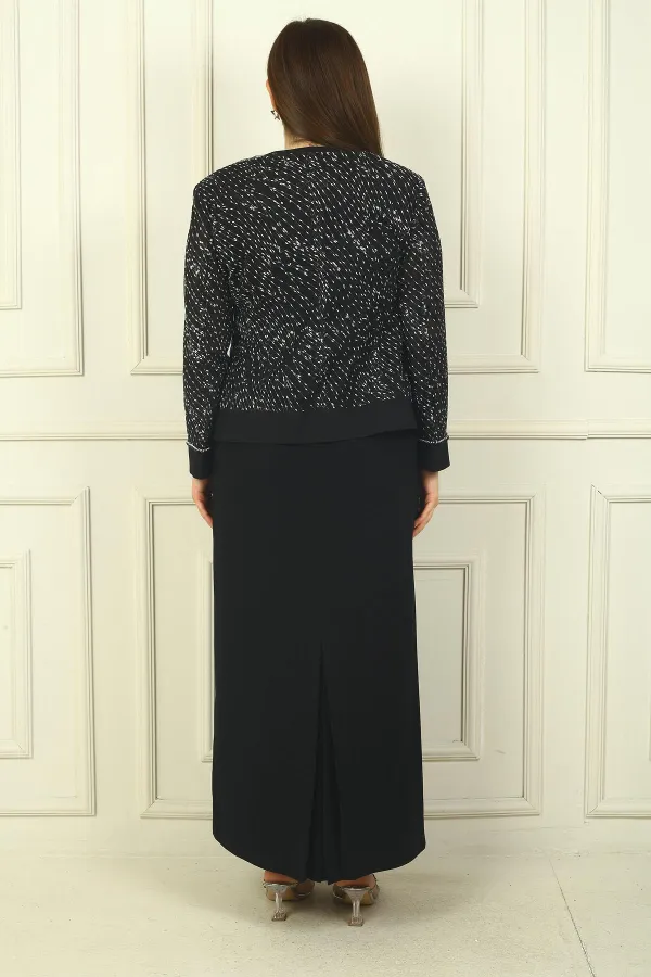 Women's Beaded and Sequin Embellished Tulle Jacket, Half-Moon Sleeve Long Dress, Lined, Plus Size Two-Piece Set