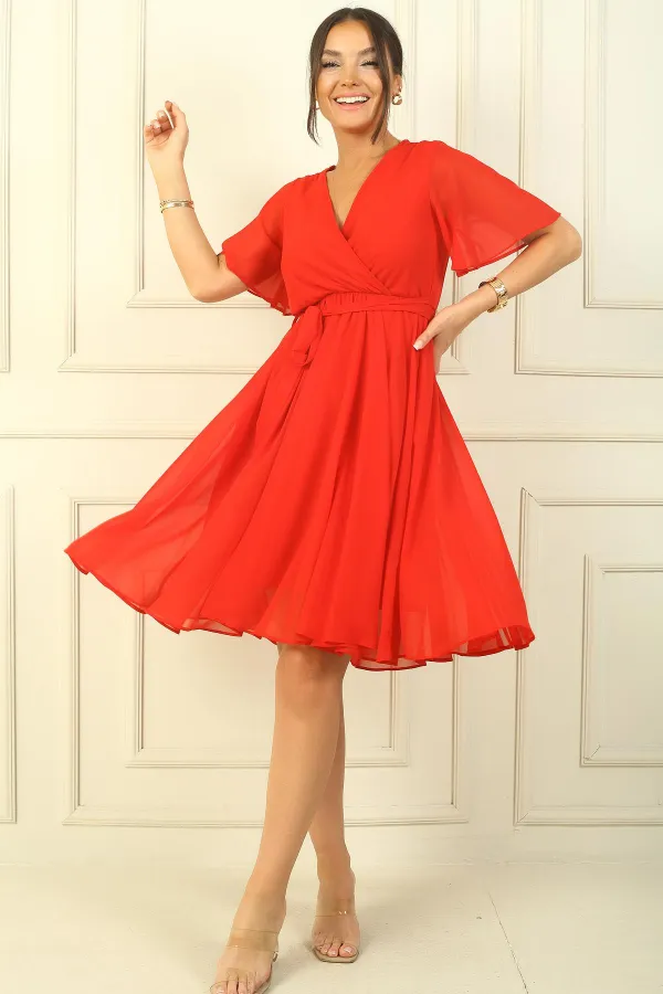 Women's Wrap Neckline Ruffled Sleeve Lined Chiffon Dress