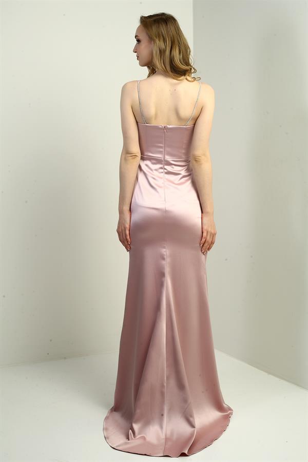 Women's Shiny Strappy Deep Slit Front Gathered Pleated Long Satin Evening Dress