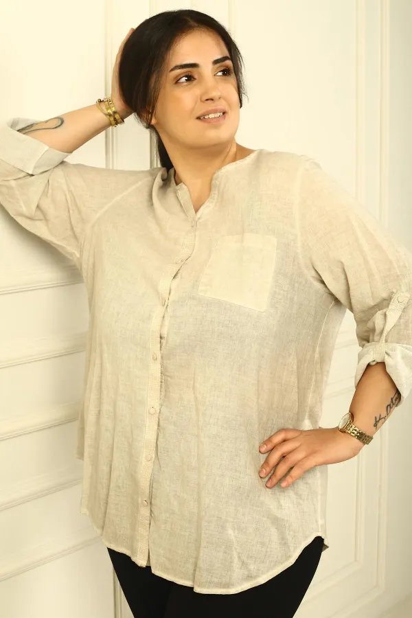 Buttoned Front, Sequin Detailed, Double Pocket, Folded Sleeve, Washed Linen Plus Size Shirt