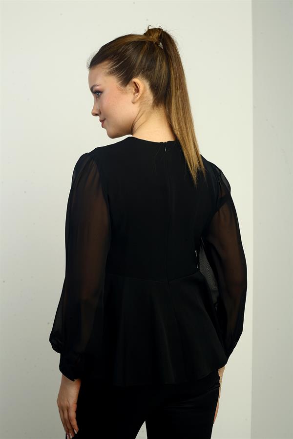 Kadın Kruvaze Yaka Şifon Kollu Çiçek Detaylı Likralı Bluz