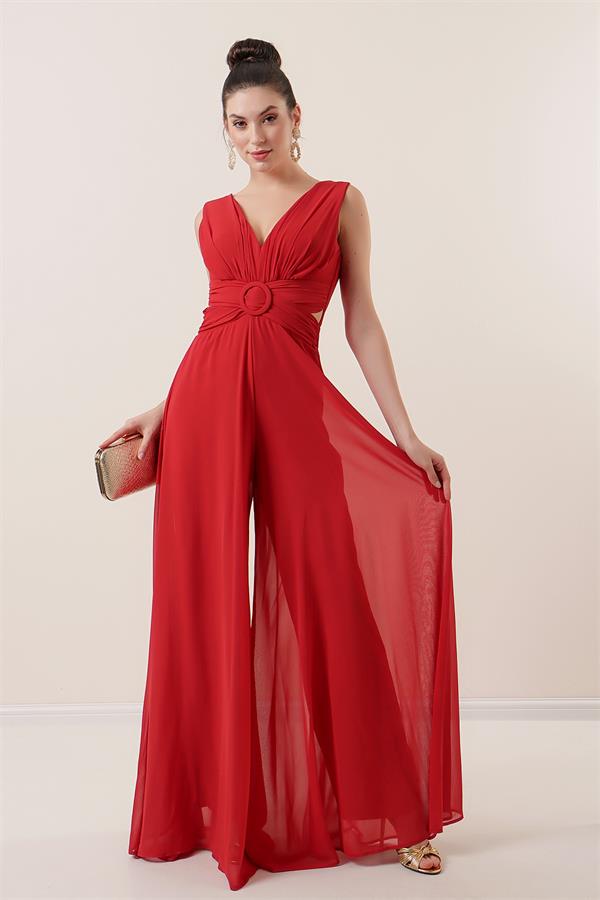 Waist-detailed, front and back V-neck, lined chiffon jumpsuit.