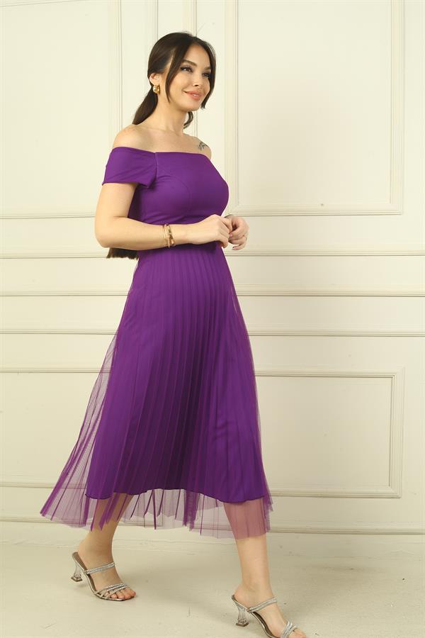 Madonna Yaka Astarlı Eteği Şifon Pilisoley Elbise