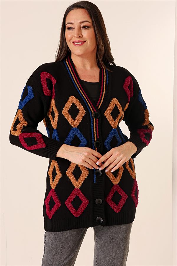 Oversize Havlu Baklava Desen Uzun Triko Hırka