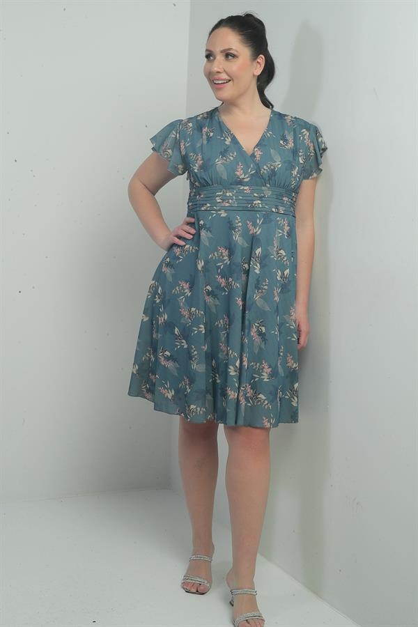 Robe en lin imprimé grande taille, doublée, col croisé, manches volantées