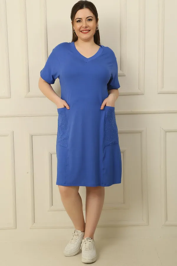 V-Neck Plus Size Viscose Dress with Embellished Pockets