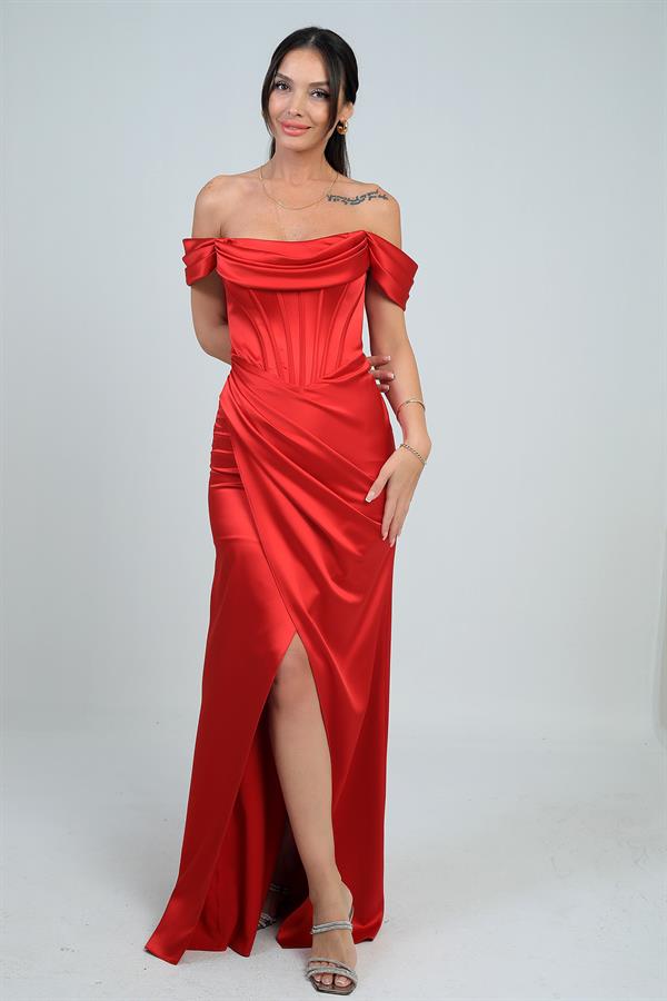 Women's Strapless Low-Sleeve Lined Underwired Satin Long Dress
