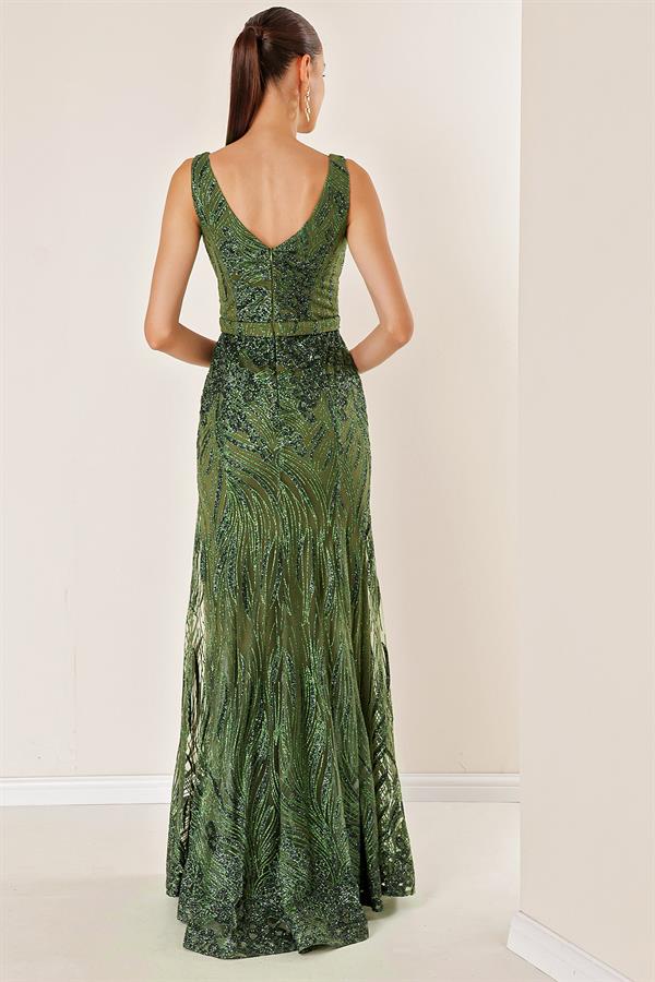 Thick Strapped Ghost Tulle Lined Glittery Long Dress