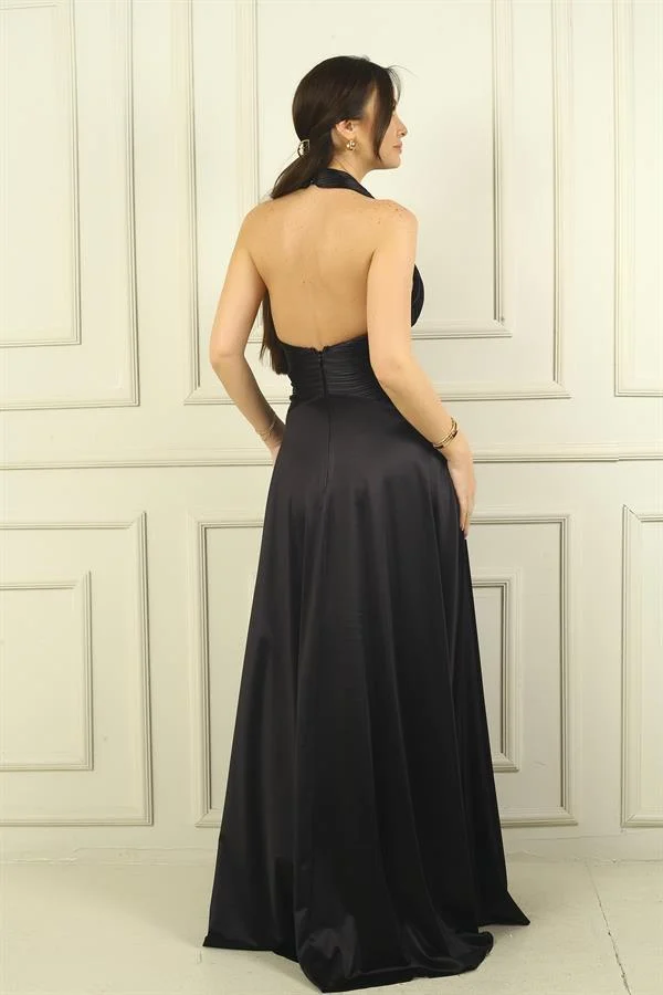 Kadın V Yaka Sırt Dekolteli Üstü Piliseli Örme Saten Uzun Elbise