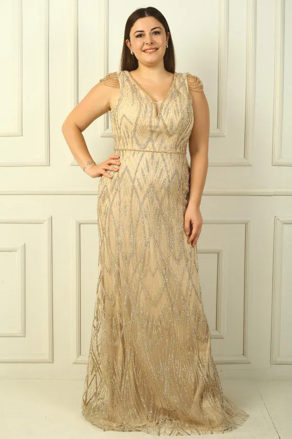 Kadın Omzu Püsküllü Astarlı Boncuk Ve Taşlı Büyük Beden Uzun Elbise