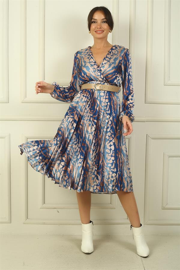 Robe en satin à motif abstrait plissé, doublée, à encolure cache-cœur et ceinture