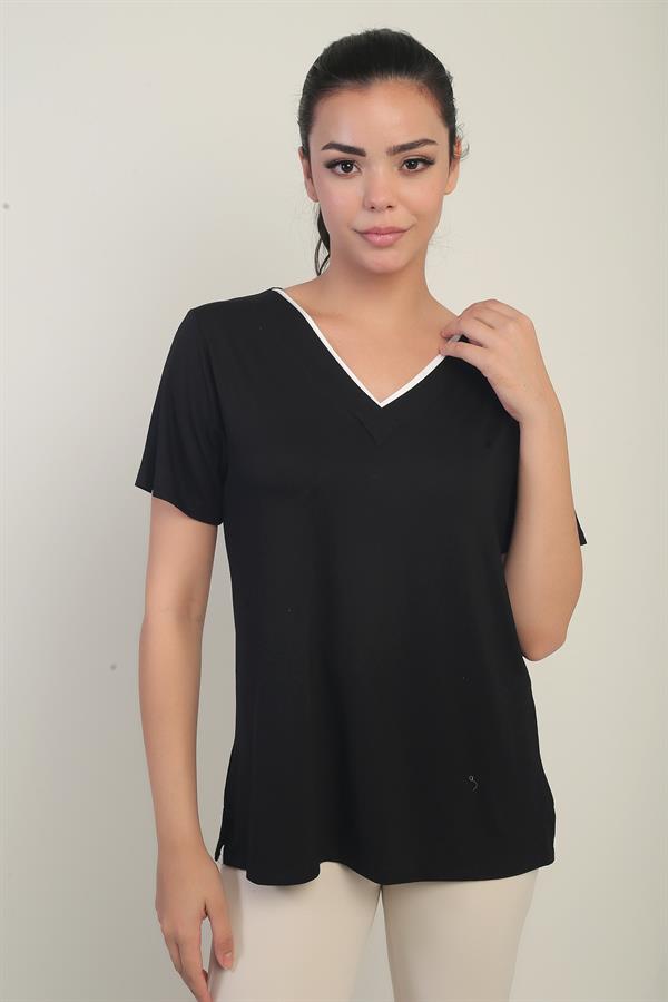 Women's White V-Neck Lycra Blouse with Trim