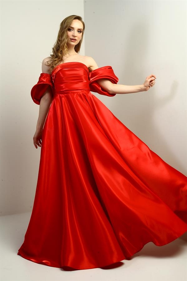 Women's Low Balloon Sleeves Lined Satin Flared Pocket Long Dress