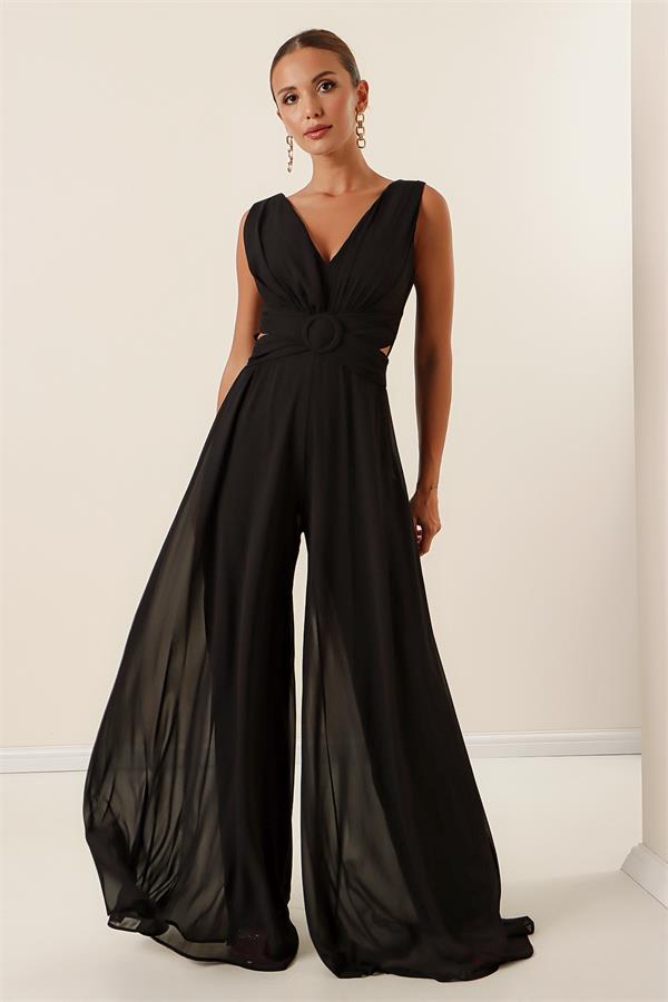 Waist-detailed, front and back V-neck, lined chiffon jumpsuit.