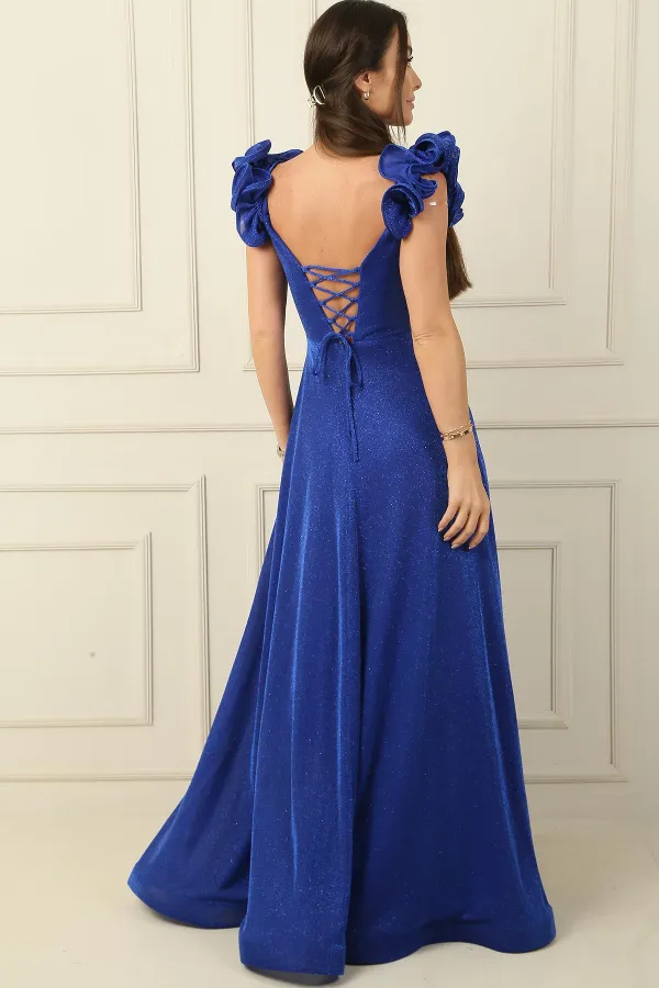 Düşük Volan Kol Drapeli Astarlı Simli Uzun Elbise