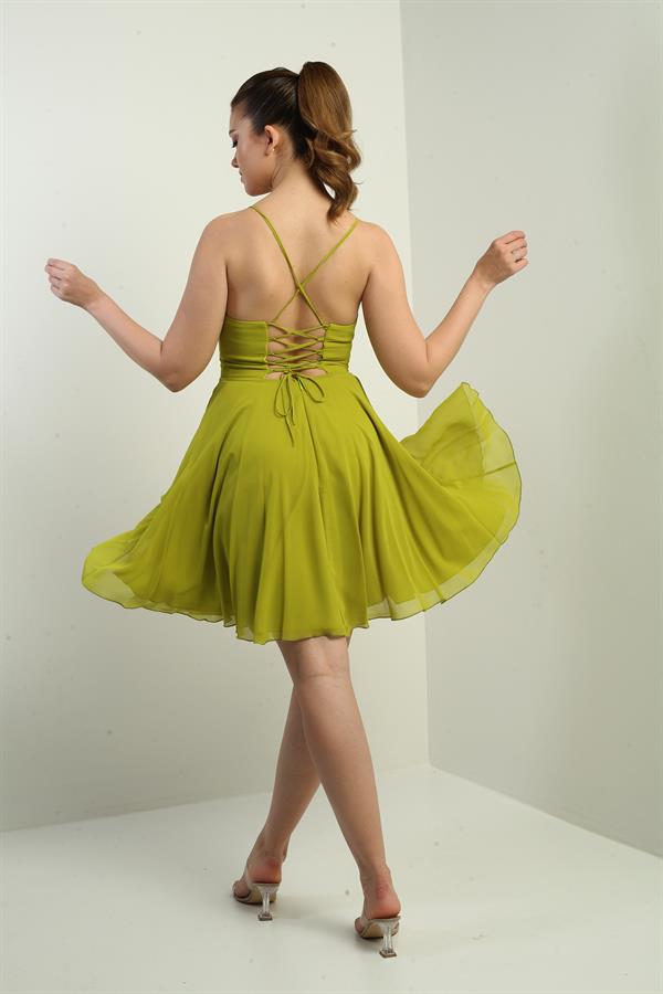 Women's Strappy, Back-Tie, Front-Opening, Lined Chiffon Short Flared Dress