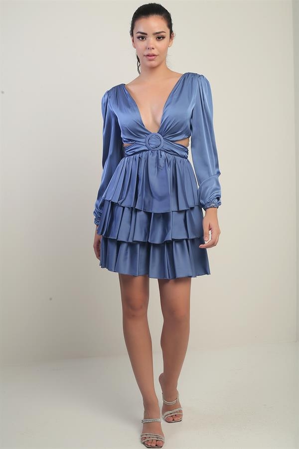 Kadın Ön Arka V Yaka Bel Dekolteli Astarlı Kat Kat Saten Kısa Elbise