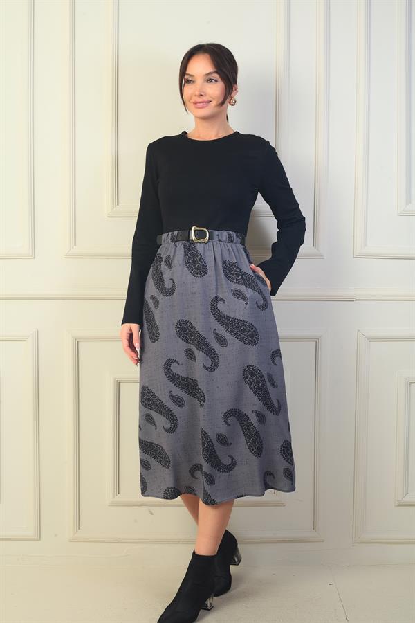 Kadın Beli Kemerli Eteği Şal Desenli Astarlı Elbise