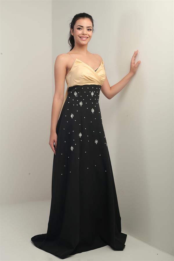 Kadın Tafta Üst Straplez Dubble Taş Yapıştırma Kloş Uzun Elbise