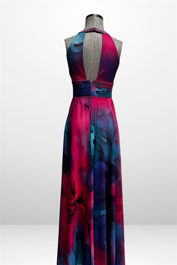 Robe longue en mousseline pour femme, drapée sur le devant, doublée, ornée de perles et de broderies florales.