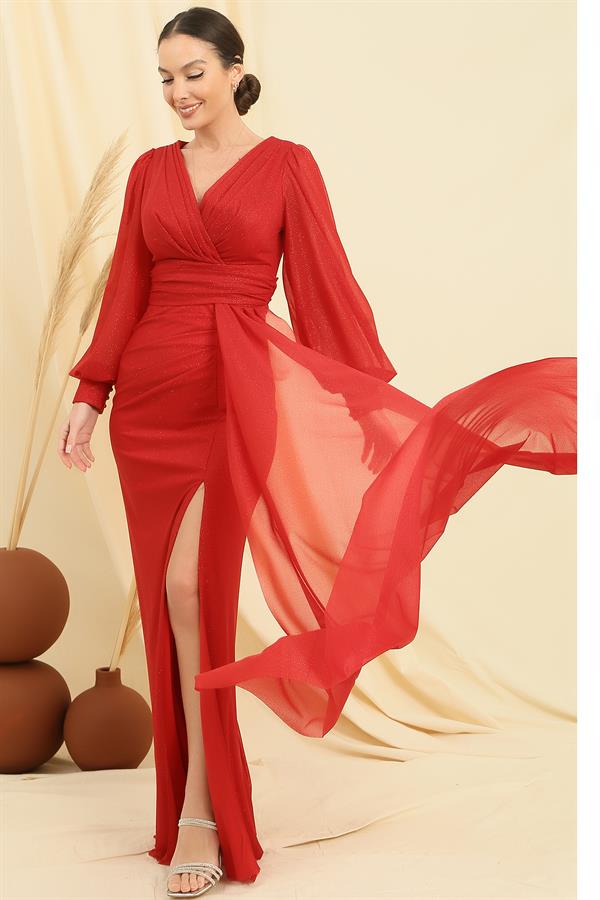 Wrap-neck, button-down sleeves, lined, pocket square, sequined long dress