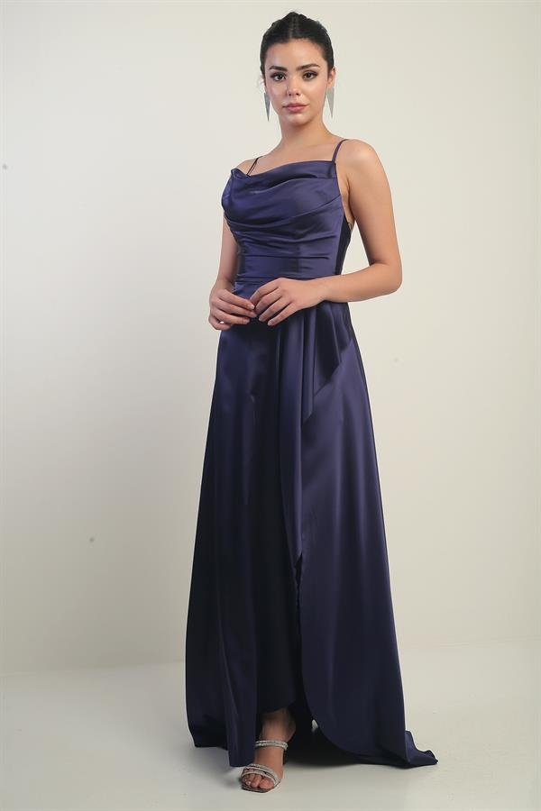 Women's Long Satin Dress with Rope Straps and Lace-Up Back and Lining