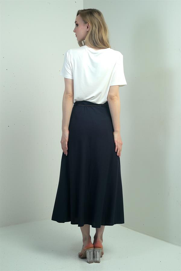 Kadın Bel Aksesuarlı Keten Efekt Parçalı Salaş Uzun Etek