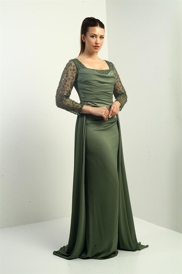 Women's Square Neck, Lined, Beaded Sleeve, Wide-Sized Crepe Satin Long Evening Dress