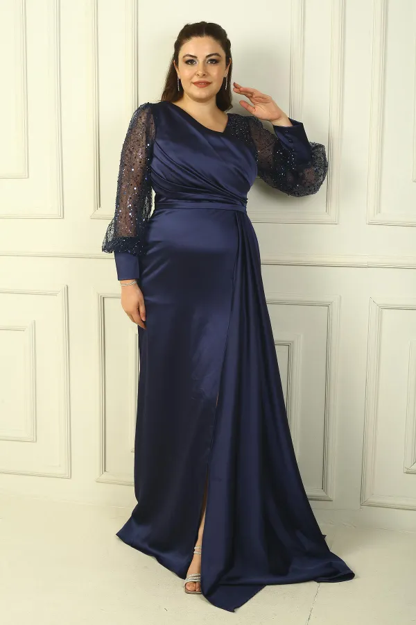 Göğsü Ve Yakası Boncuk İşlemeli Astarlı Büyük Beden Uzun Saten Abiye Elbise