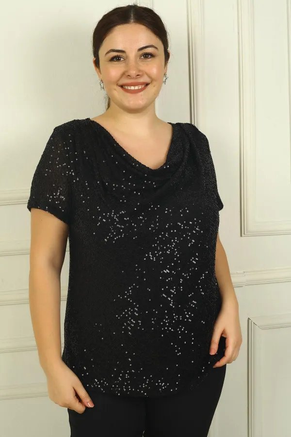 Kadın Degaje Yaka Astarlı Pulpayet Büyük Beden Bluz