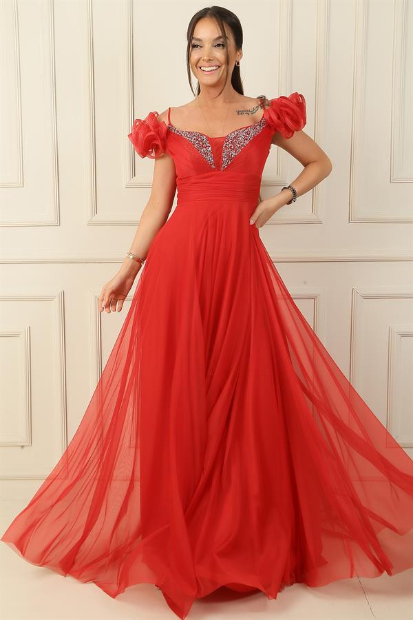 Front and Back V-Neck Strappy Short Sleeved Long Tulle Dress with Rhinestone Embellishment and Lining