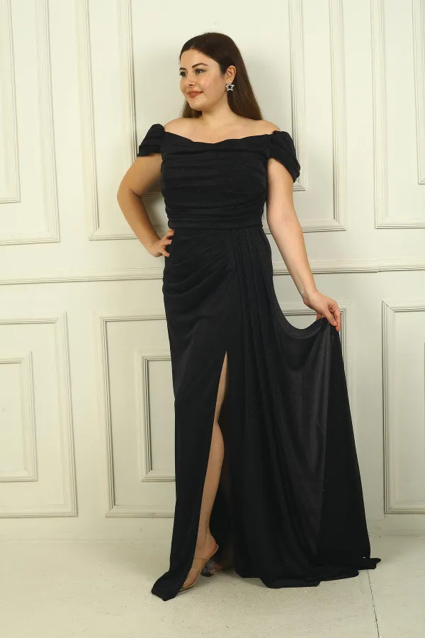 Kadın Düşük Kol Önü Drapeli Yanı Mendilli Astarlı Brayt Simli Uzun Büyük Beden Abiye Elbise