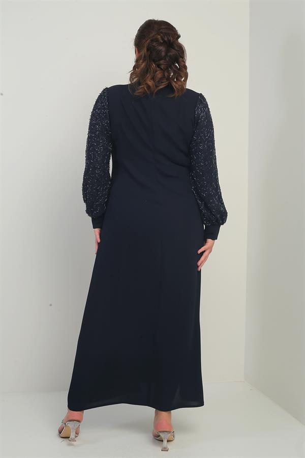 Kadın Kolu Ve Önü Pullu Büyük Beden Uzun Tesettür Elbise