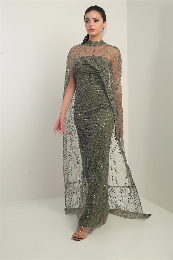 Women's Strapless Stone-Sequin Embroidered Cape-Lined Long Evening Dress