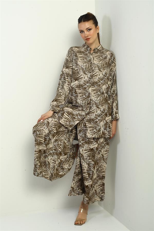 Women's Side Slit Tunic Shirt, Elastic Waist Pocketed Palazzo Pants, Leaf Pattern Oversize 2-Piece Set